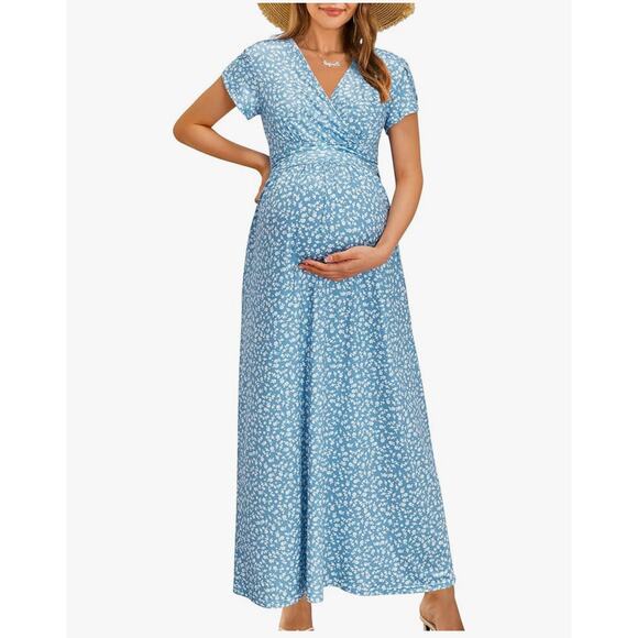 OUGES size Medium Blue Floral Maternity Maxi Dress Women V Neck - Picture 1 of 3